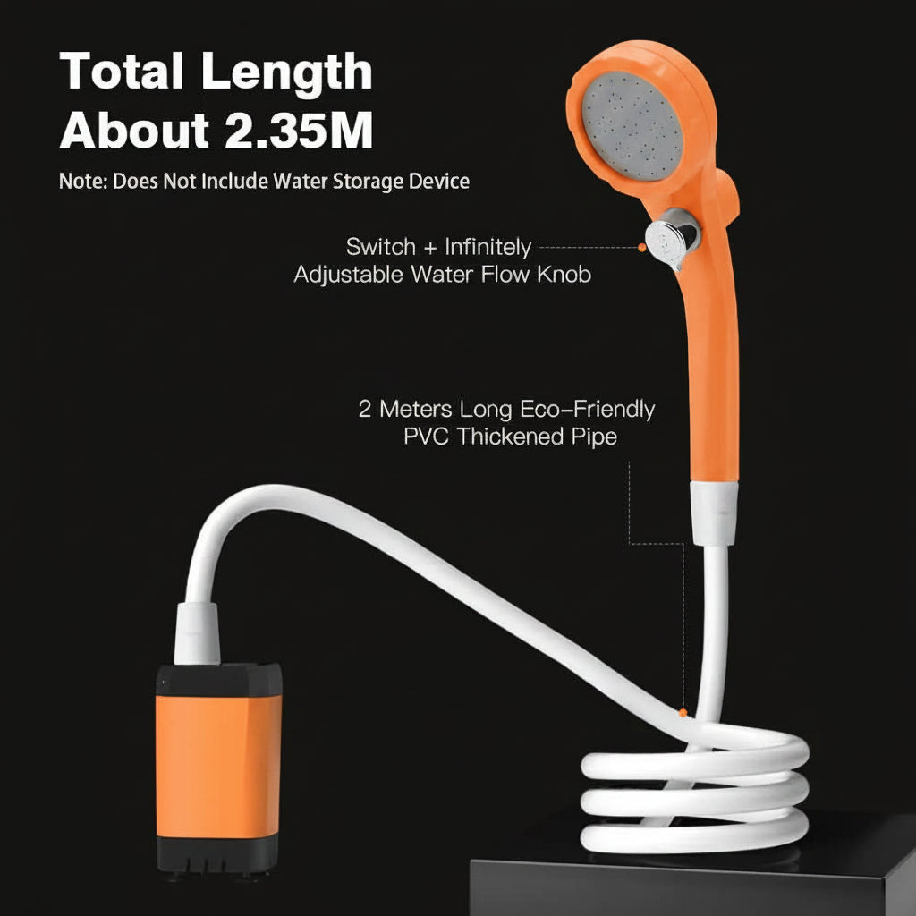 Portable Camping Shower Pump | Rechargeable 6000mAh, Pressure-Boost Head | Digital Display for Outdoor Showers