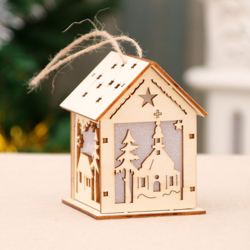 Wooden Santa House Christmas Ornament with Jute String | Laser-Cut Tree and Star Details | Rustic Hanging Decorations