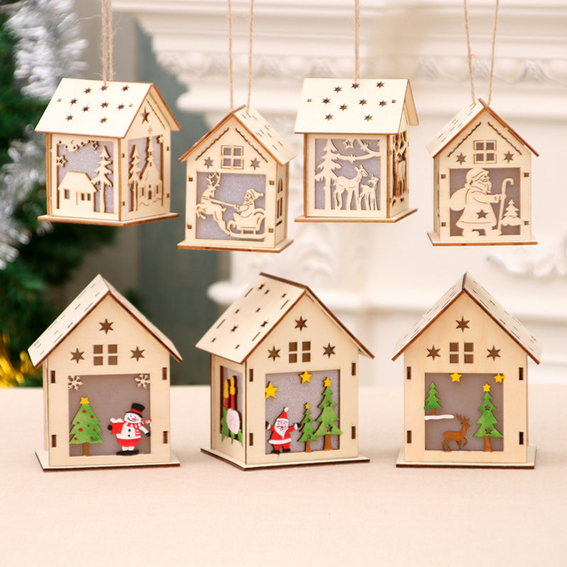 Wooden Santa House Christmas Ornament with Jute String | Laser-Cut Tree and Star Details | Rustic Hanging Decorations