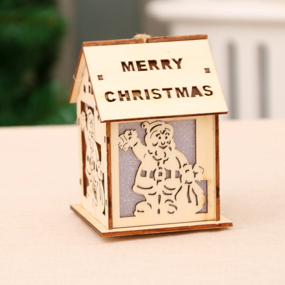 Wooden Christmas House Ornament with a Cut-Out Santa | Festive Lettering and a Hanging Cord | Mantel and Table Decorations