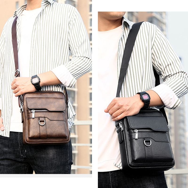 Men's PU Leather Crossbody Bag with Laptop Room | Multiple Compartments and Zip Pockets | Adjustable Shoulder Strap