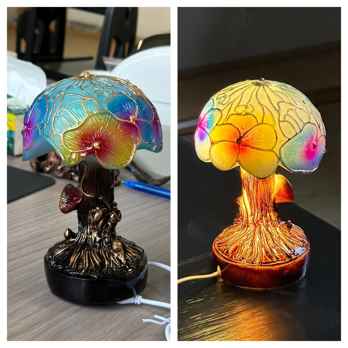 Freestanding mushroom LED night light used as shelf decor