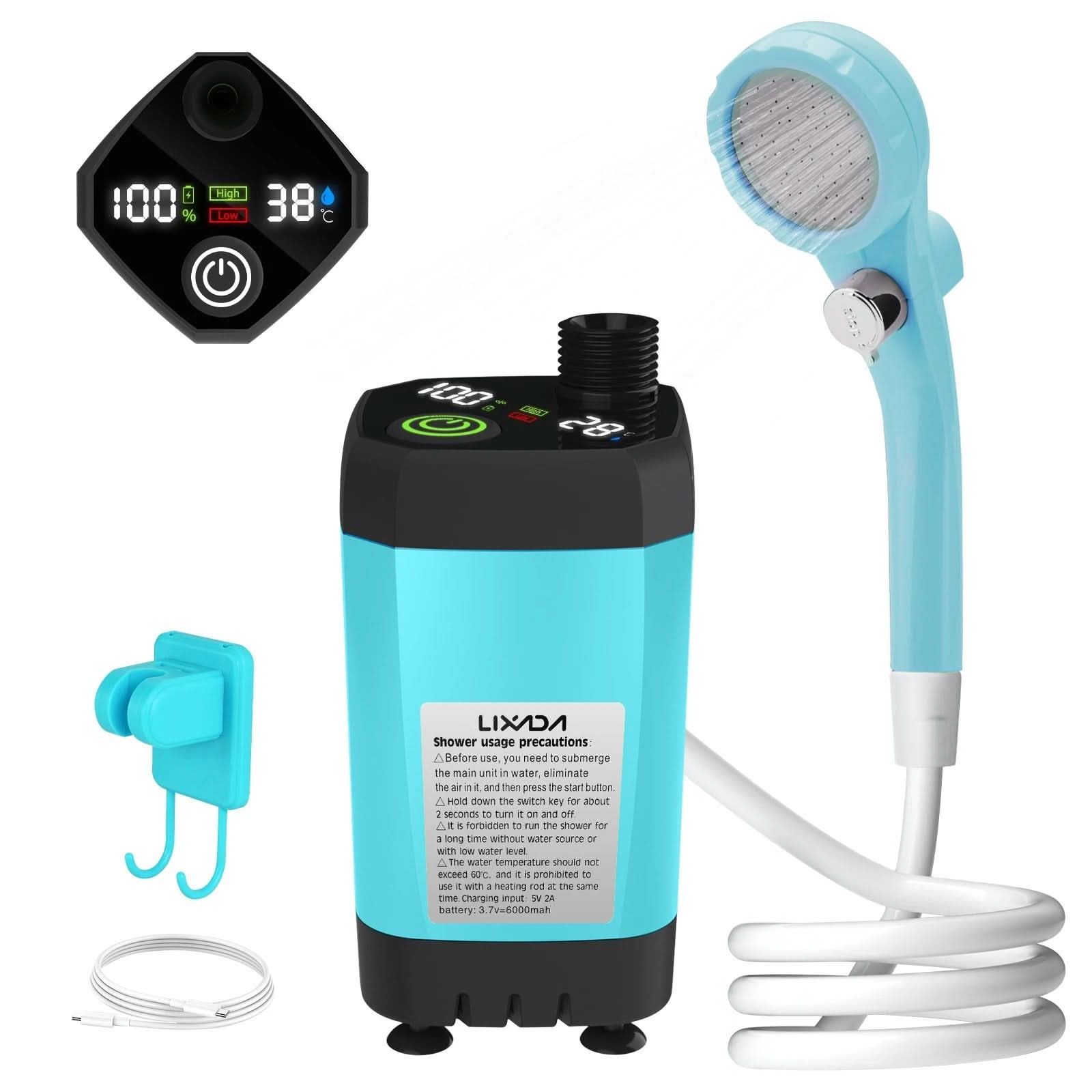 Portable Camping Shower Pump | Rechargeable 6000mAh, Pressure-Boost Head | Digital Display for Outdoor Showers