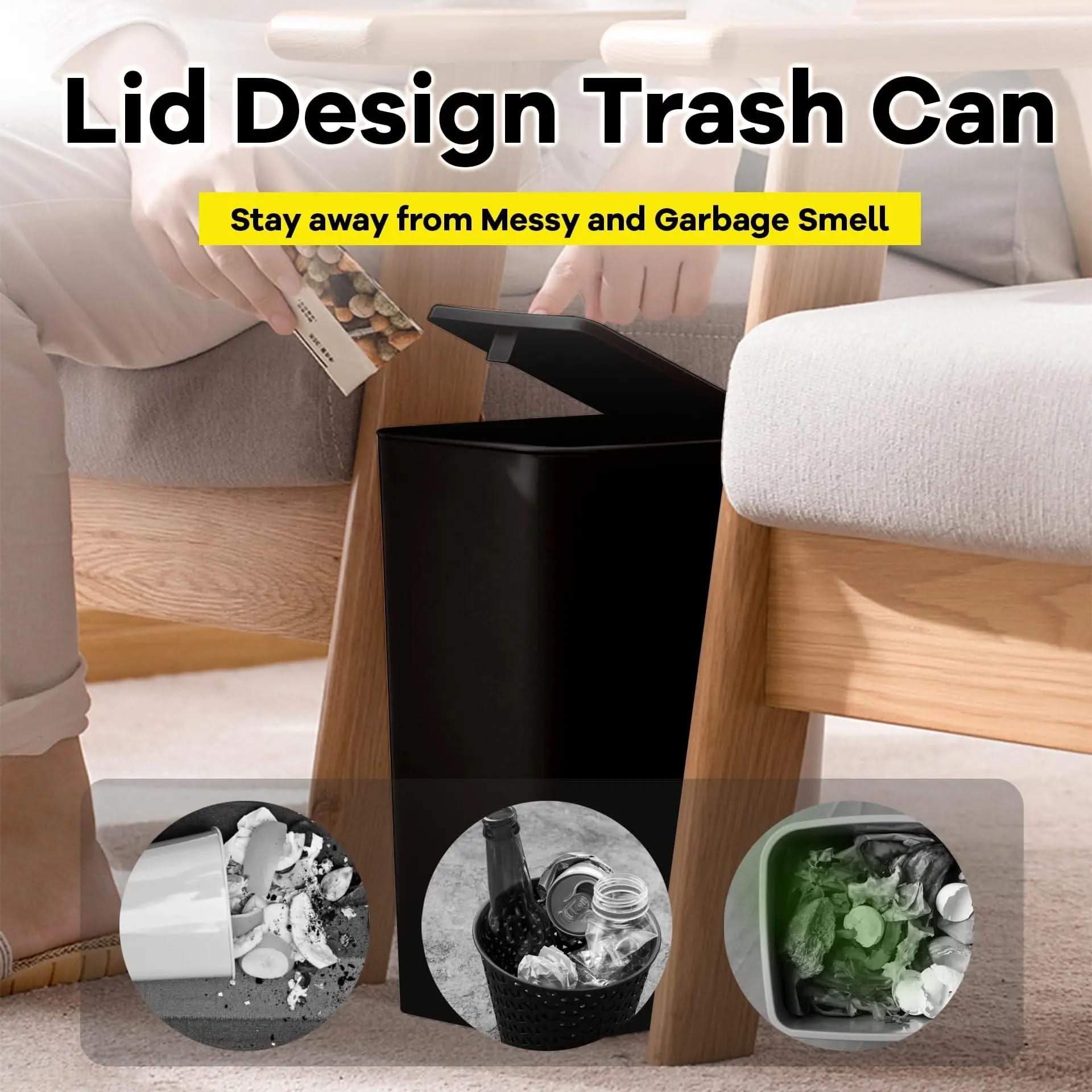 Slim Press-Top Trash Can 10L (2.6 Gal) | Durable ABS, 9.4 x 6.3 x 11.6 In | 1 or 2-Pack, 3 Colors | Odor-Sealing Lid for Any Room