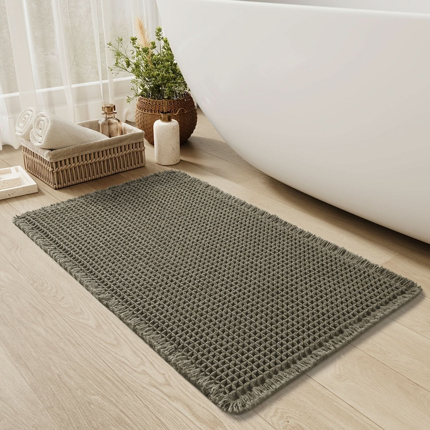 AbsorbEase | Waffle Bath Mat with Fringes - Quick-Dry & Non-Slip