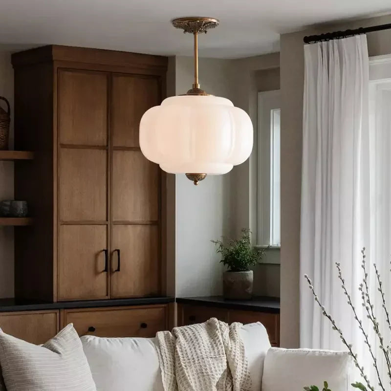 Pumpkin Glass Pendant Light Adjustable Brass