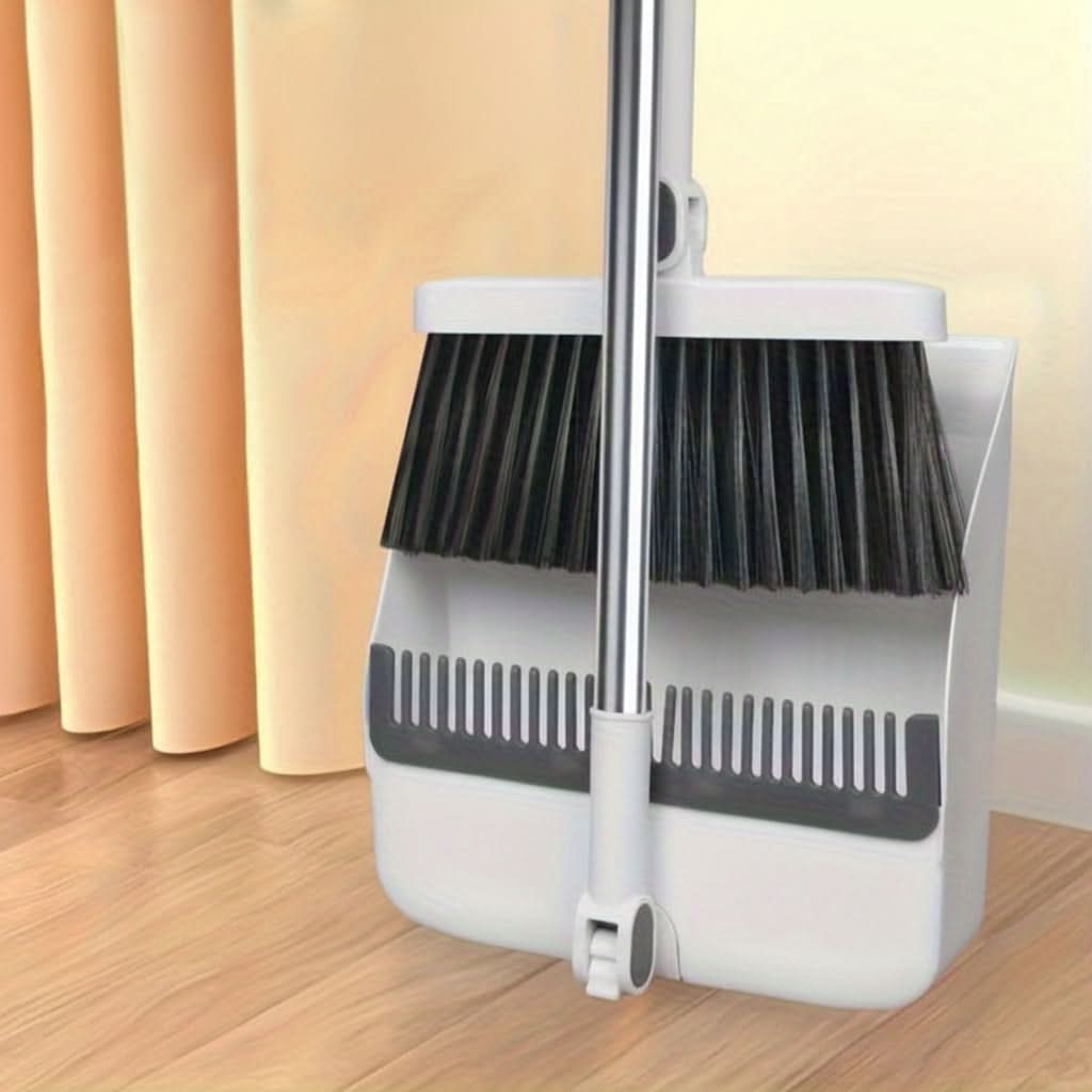 Rotatable Broom and Dustpan Cleaning Set | Built-In Comb Teeth, Long Handle | Corner-Reaching Cleaning for Hard Floors