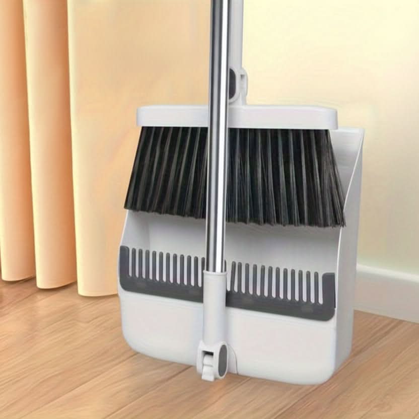Rotatable Broom and Dustpan Cleaning Set | Built-In Comb Teeth, Long Handle | Corner-Reaching Cleaning for Hard Floors