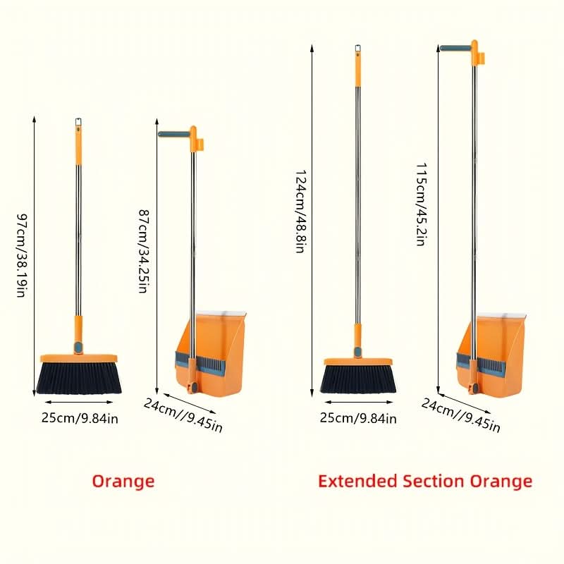 Rotatable Broom and Dustpan Cleaning Set | Built-In Comb Teeth, Long Handle | Corner-Reaching Cleaning for Hard Floors