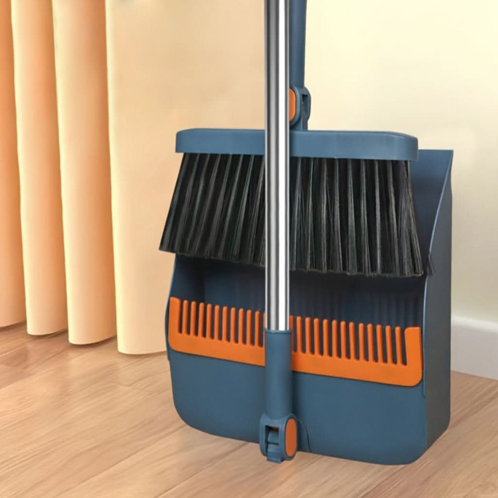 Rotatable Broom and Dustpan Cleaning Set | Built-In Comb Teeth, Long Handle | Corner-Reaching Cleaning for Hard Floors