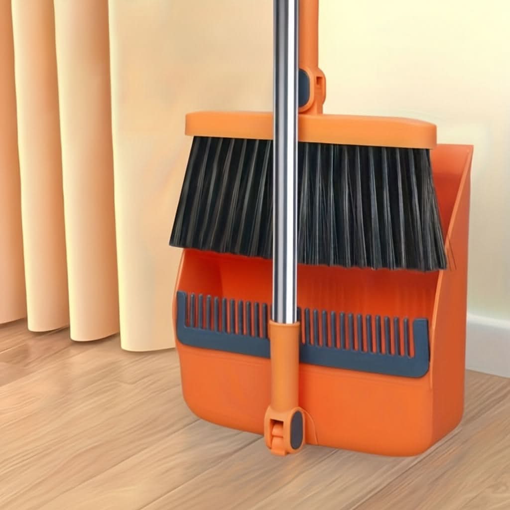 Rotatable Broom and Dustpan Cleaning Set | Built-In Comb Teeth, Long Handle | Corner-Reaching Cleaning for Hard Floors