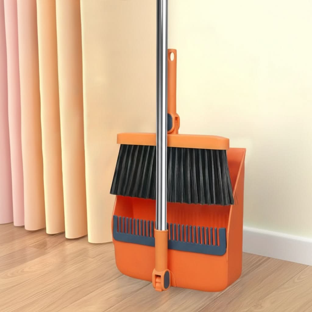 Rotatable Broom and Dustpan Cleaning Set | Built-In Comb Teeth, Long Handle | Corner-Reaching Cleaning for Hard Floors