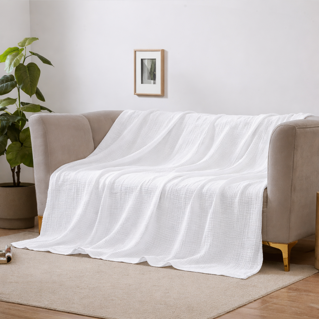 4-Layer Cotton Gauze Blanket | 6 Colors, 66.9-78.7 In Sizes | Ultra-Soft Breathable Throw for Bed, Sofa & Travel