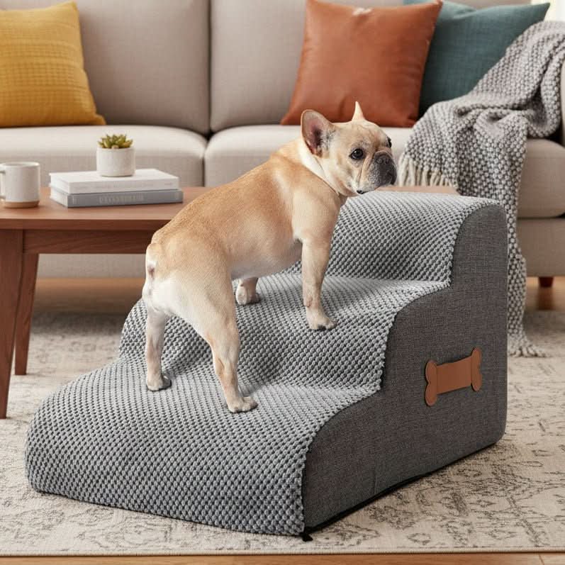 Soft Incline Pet Staircase | Foam Core with Non-Slip Base, 2 or 3-Step | Joint-Friendly Access to Beds and Sofas