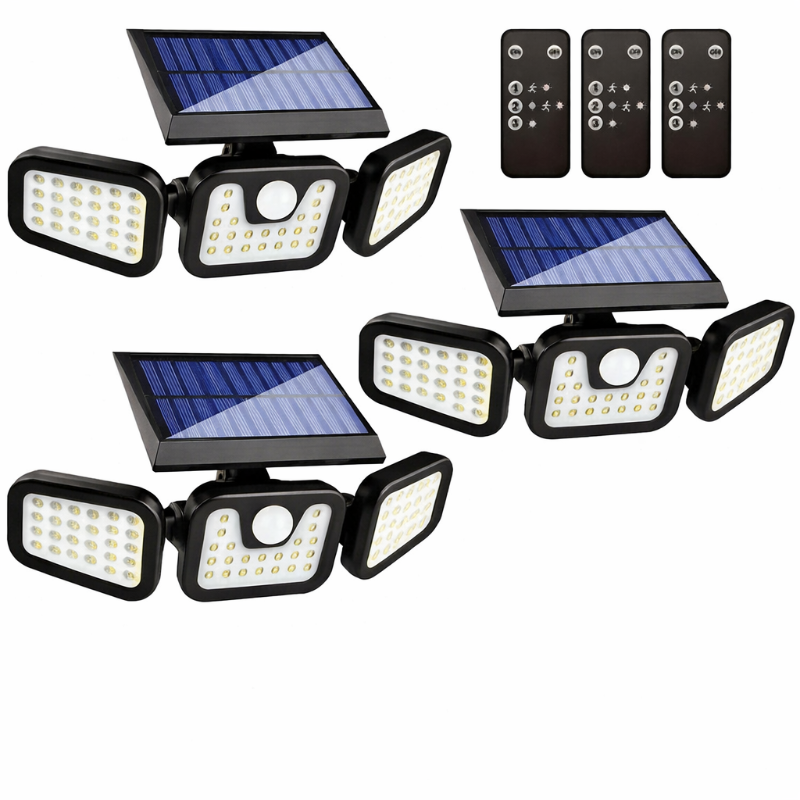 Three-pack of solar security floodlights with motion detection