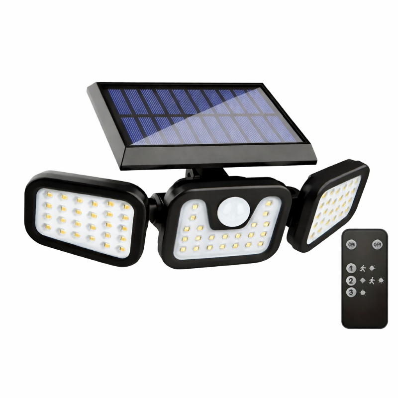 Solar security floodlight with 74 LEDs mounted on an outdoor wall