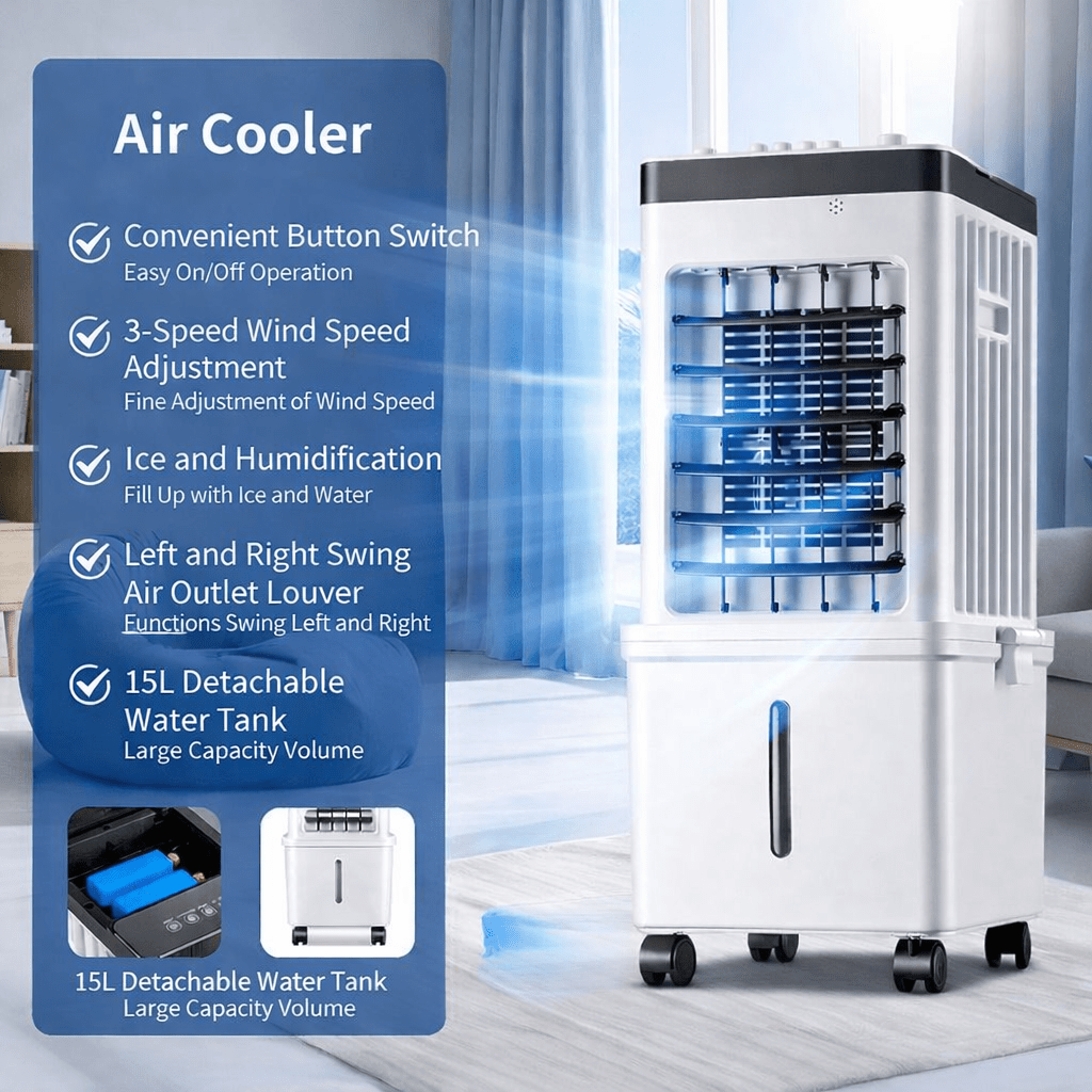 3-in-1 Mobile Air Cooler with Ice-Compatible Tank | No Exhaust Hose, Wheeled Base | Cools, Humidifies &amp; Purifies Any Room