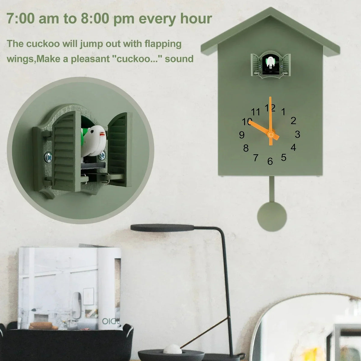 Cuckoo Wall Clock with a Swinging Pendulum and Bird Door | Plain Molded Plastic Case, 9.8 x 7.9 in | Green or White