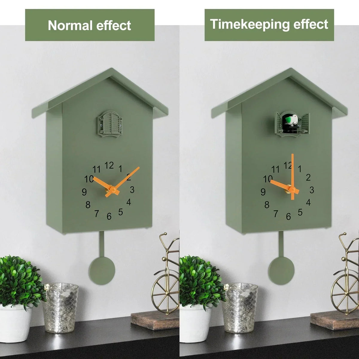 Cuckoo Wall Clock with a Swinging Pendulum and Bird Door | Plain Molded Plastic Case, 9.8 x 7.9 in | Green or White