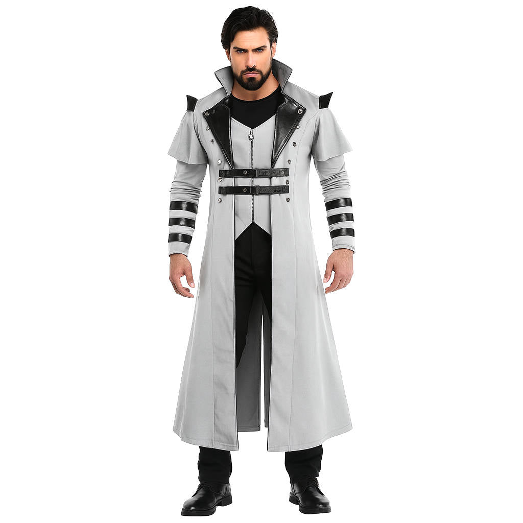 Mens Gothic Victorian Halloween Jacket | Polyester With Faux Leather Trim and 2 Inner Pockets | Black or Gray, S to 5XL