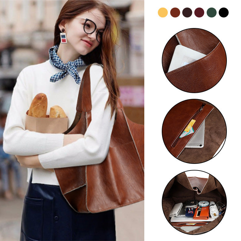 Oversized Faux Leather Tote Bag for Women | Soft Slouchy Shoulder Carry for Work or Travel | 6 Colors, Black to Khaki