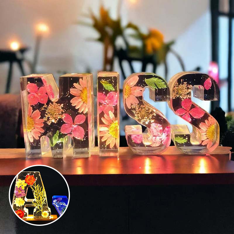 Dried Flower Letter Night Light in Clear Resin | Soft Warm LED Glow for a Bedroom or Living Room | Twenty Five Letters