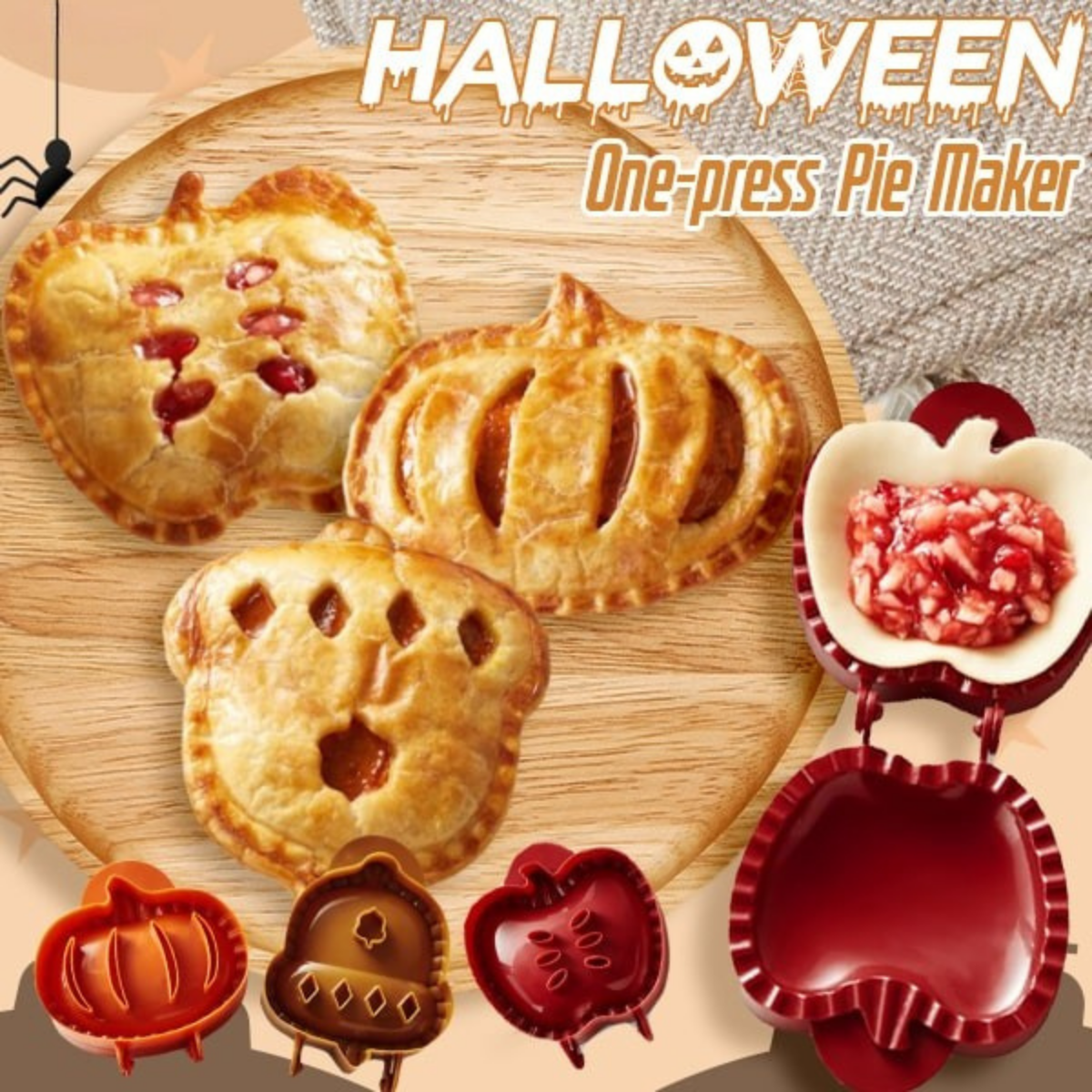 Set of three Halloween pie maker molds in pumpkin, apple and acorn shapes