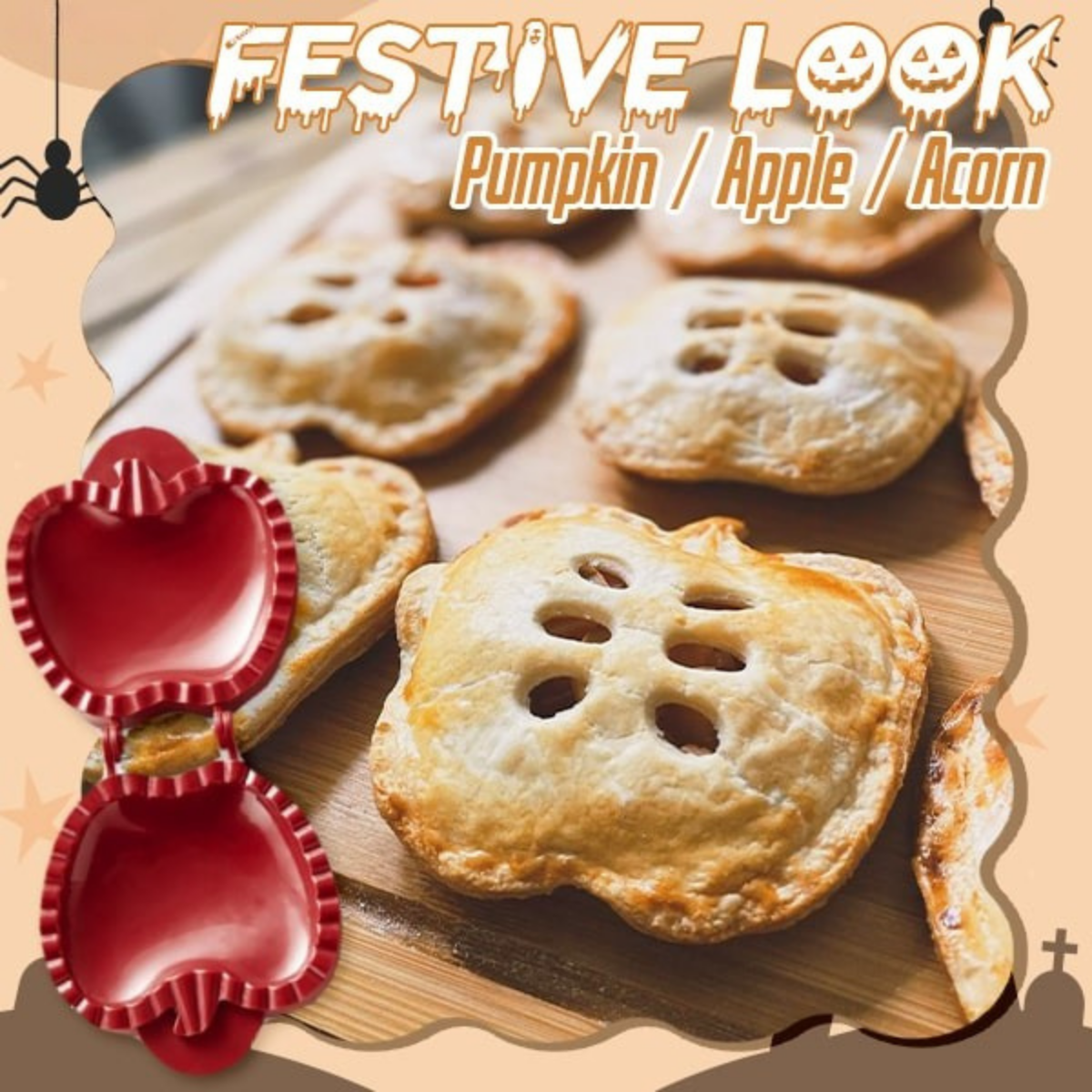 Acorn-shaped Halloween pie mold with crimped pastry edges