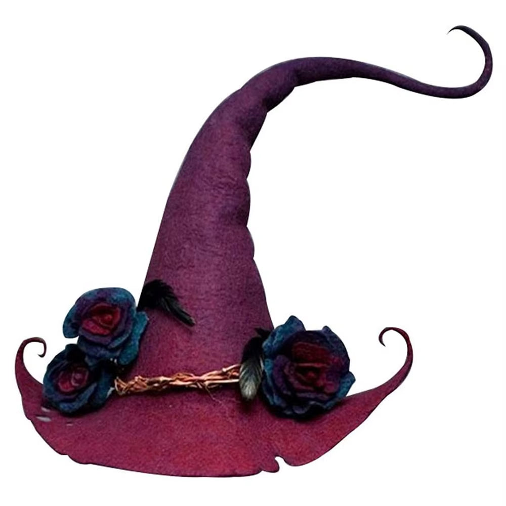Handmade felted witch hat in rose purple wool and silk chiffon