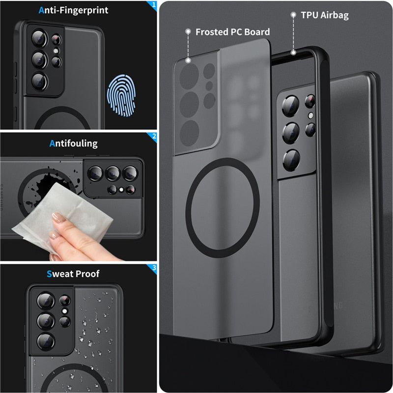 Magnetic Shockproof Phone Covers for Samsung Galaxy | Matte Hard Shell Case with Raised Camera and Screen Edges