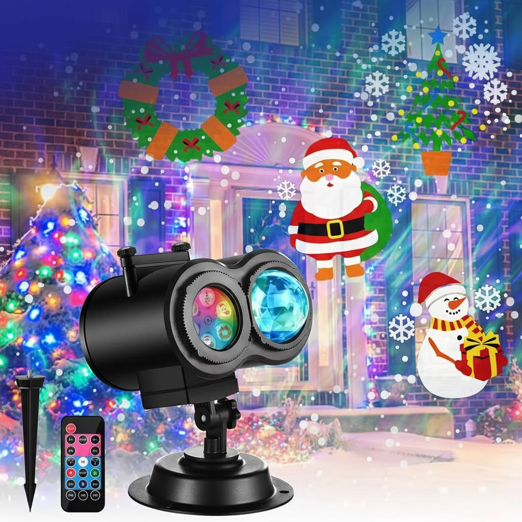 Outdoor decorative light projector casting themed patterns on a house