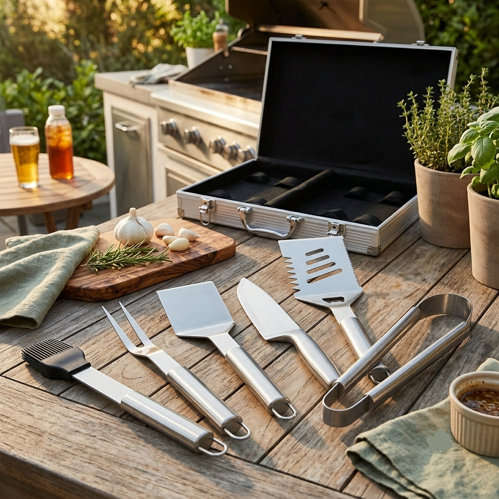 Stainless Steel BBQ Tool Set With Carry Case | Spatula, Tongs, Fork & Knife | Durable Grilling Kit for Outdoor Cooking