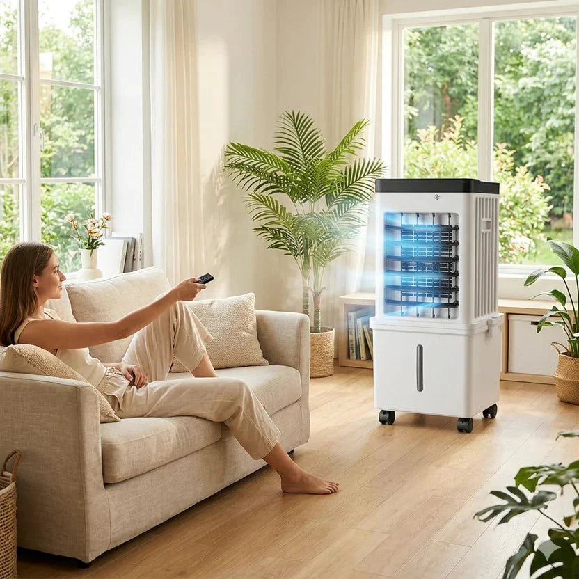 3-in-1 Mobile Air Cooler with Fan &amp; Humidifier | No Exhaust Hose, Rolling Wheels | Ice-Compatible Water Tank