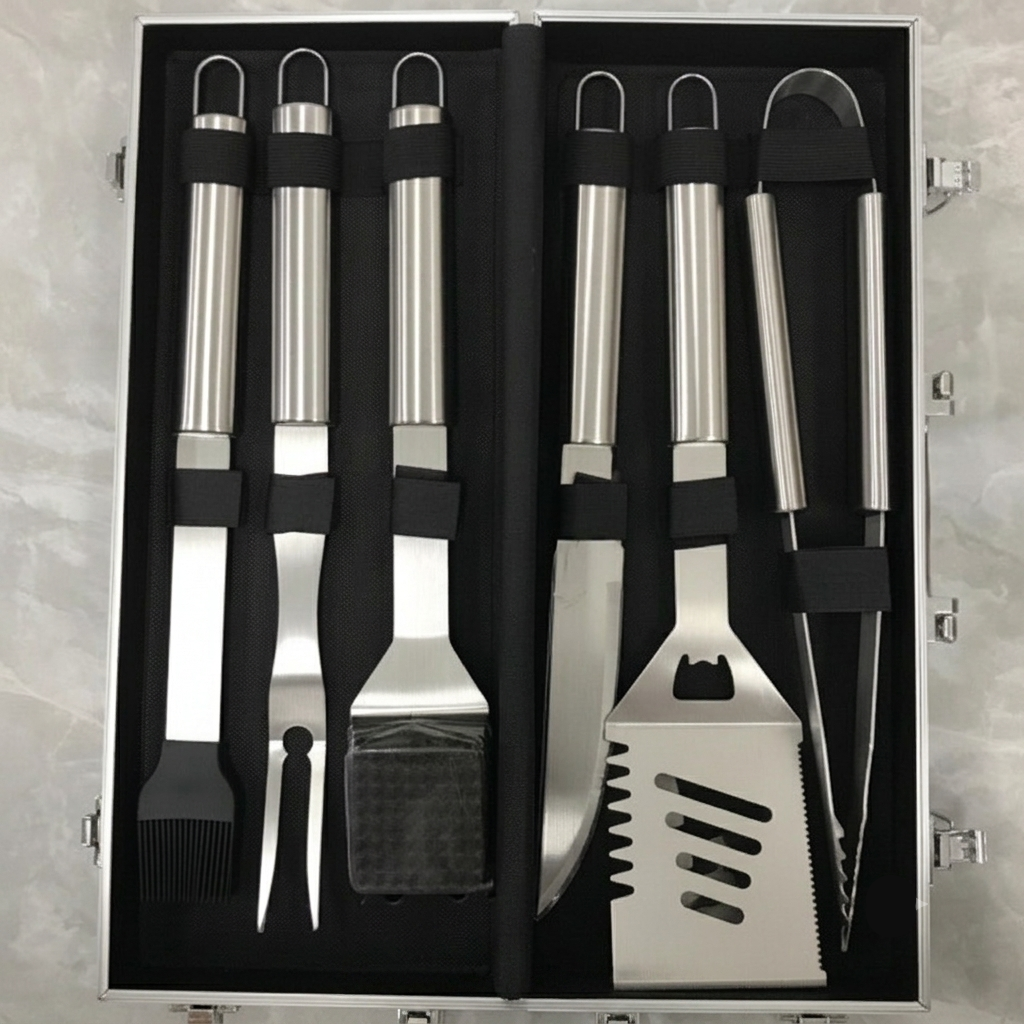 Stainless Steel BBQ Tool Set With Carry Case | Spatula, Tongs, Fork & Knife | Durable Grilling Kit for Outdoor Cooking