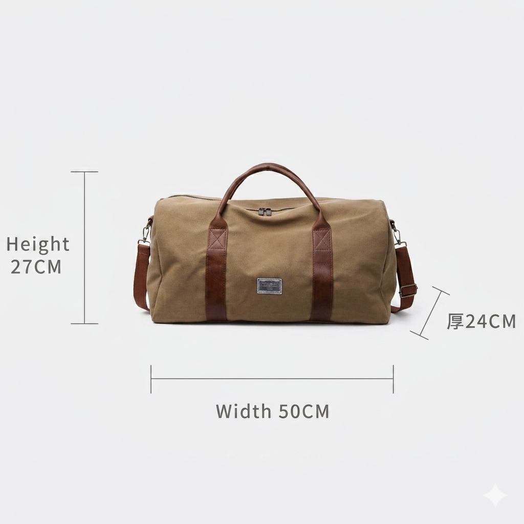 Washed Canvas Duffel Bag with Leather Accents | Black, Green, or Khaki | Spacious Multi-Pocket Carry for Travel and Gym