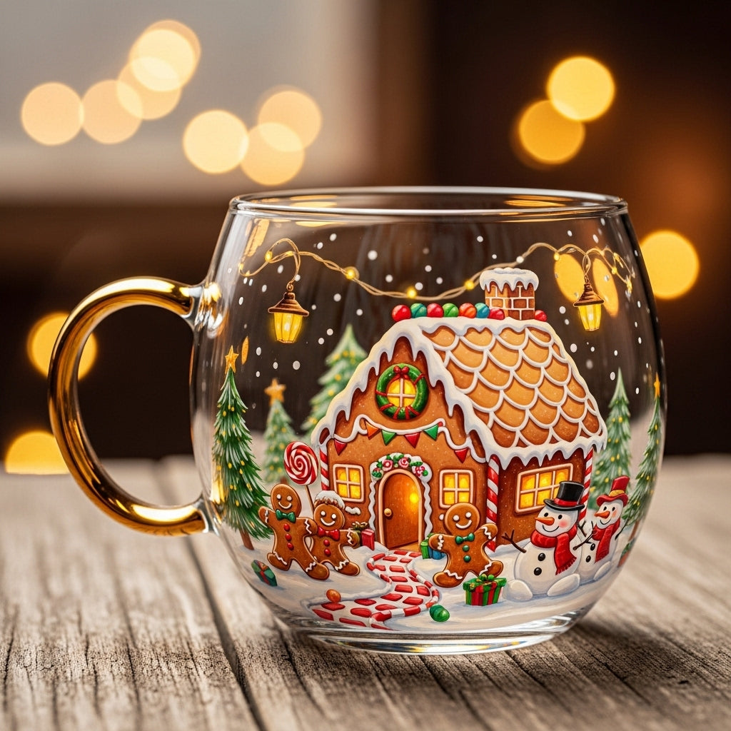 Winter themed glass mug with gingerbread house design