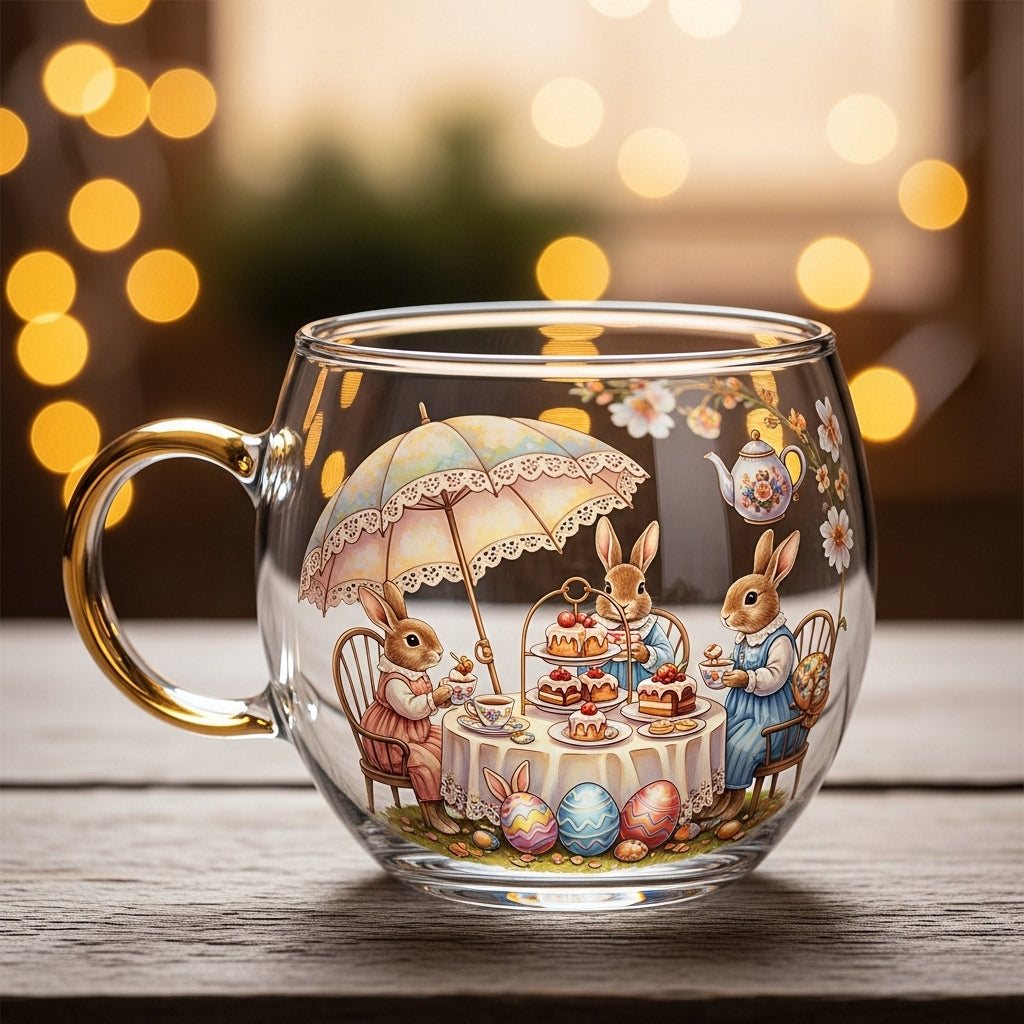 Glass mug with Easter celebration design