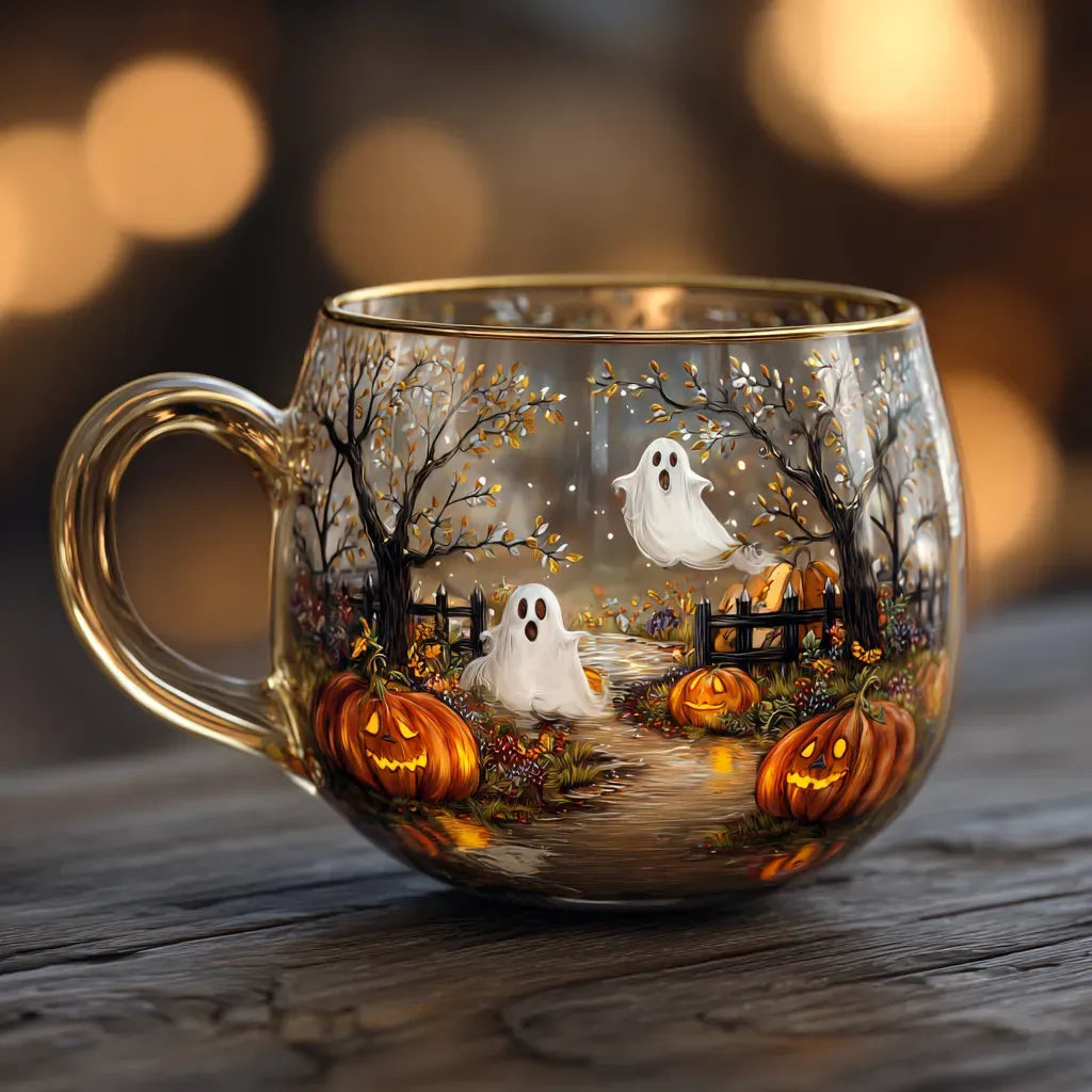 Glass mug with Halloween ghost design