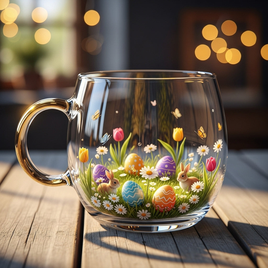 Glass mug with Easter egg design holding a warm drink