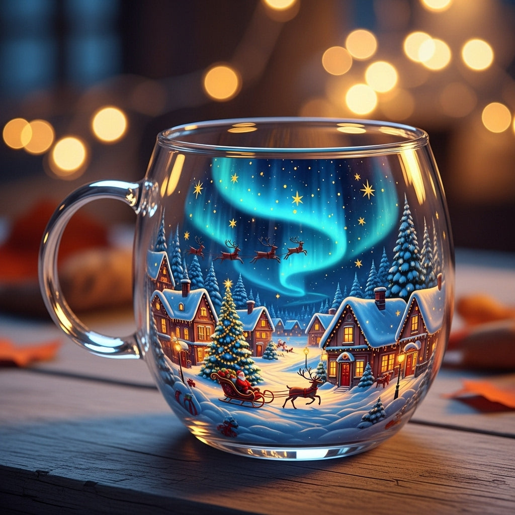 Holiday glass mug with Christmas house design and shaped handle