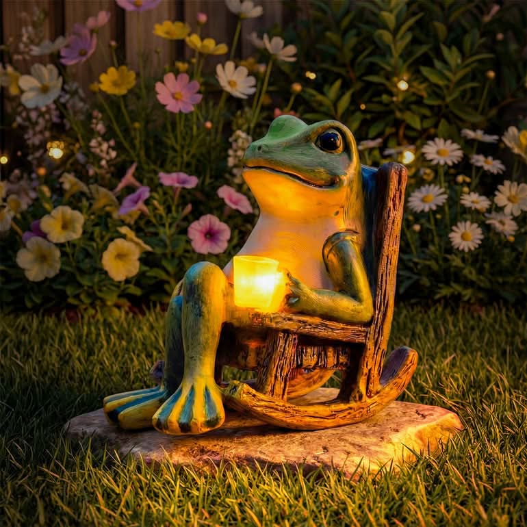 Solar-Powered Garden Frog Statue 10 In Tall | Durable Resin | Warm Amber Glow | Auto On/Off Outdoor Decor Light
