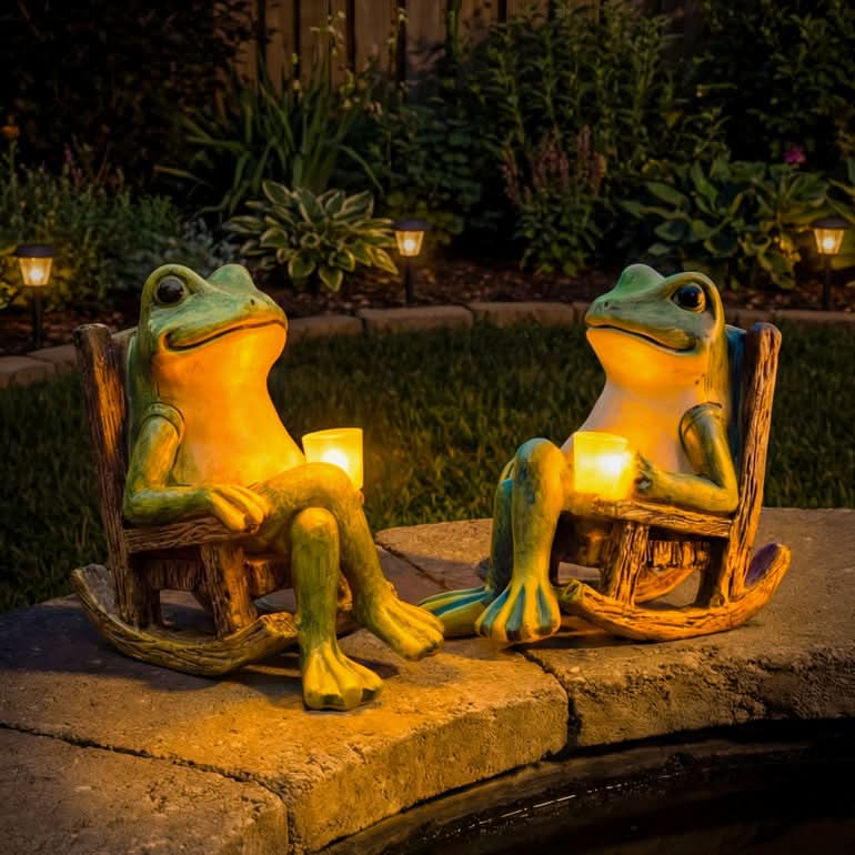Solar-Powered Garden Frog Statue 10 In Tall | Durable Resin | Warm Amber Glow | Auto On/Off Outdoor Decor Light