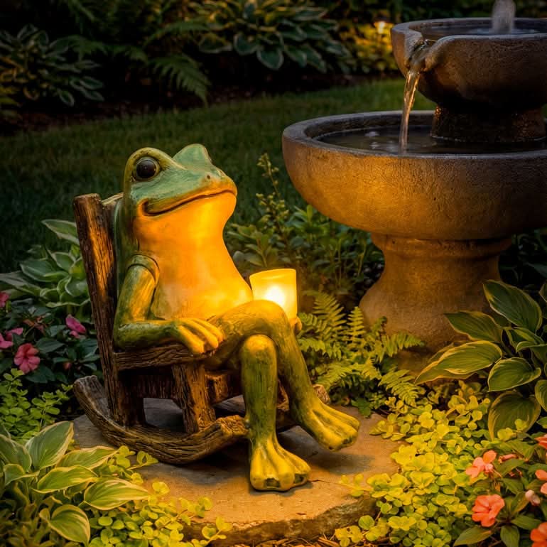 Solar-Powered Garden Frog Statue 10 In Tall | Durable Resin | Warm Amber Glow | Auto On/Off Outdoor Decor Light