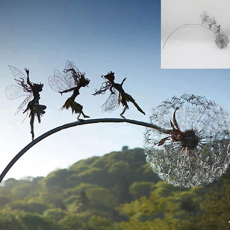 Fairy and Dandelion Garden Statue in Laser Cut Metal | Outdoor Lawn Stake Built to Stay Out All Year | Seven Designs