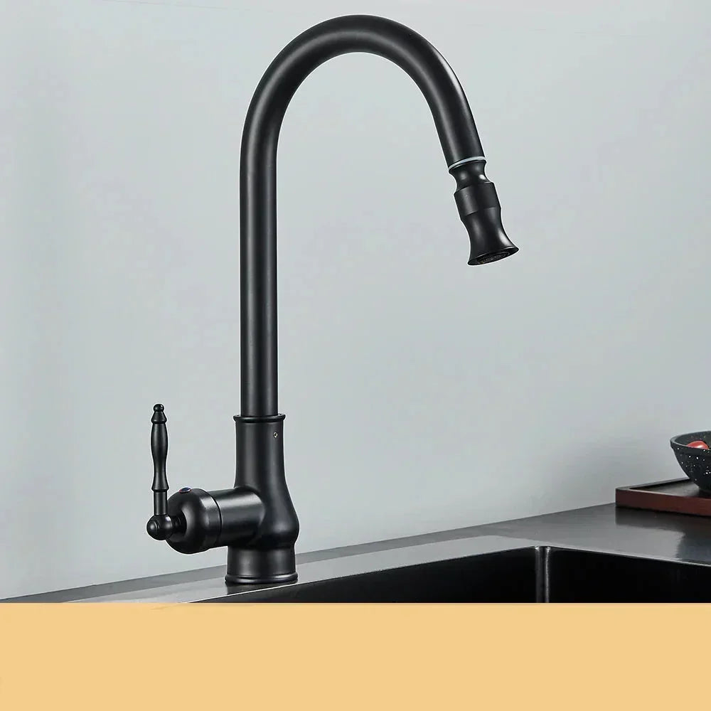 Pull Out Mixer Tap with Swivel Spout and Spray Hose | Antique Brass or Matte Black | Kitchen Sink Accessories, Retro Shape