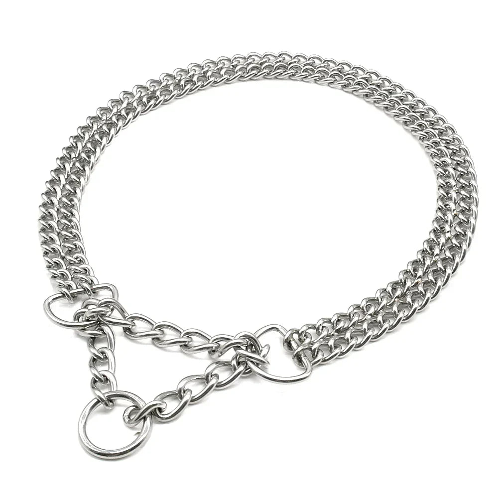Double Chain Dog Collar with Limited Slip Action | 3 mm Stainless Steel Links, Neck 30 to 70 cm | Five Sizes from XS to XL