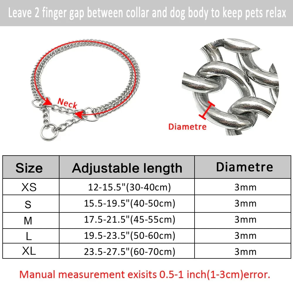 Double Chain Dog Collar with Limited Slip Action | 3 mm Stainless Steel Links, Neck 30 to 70 cm | Five Sizes from XS to XL