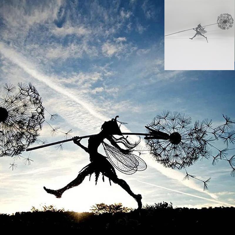Fairy and Dandelion Garden Statue in Laser Cut Metal | Outdoor Lawn Stake Built to Stay Out All Year | Seven Designs