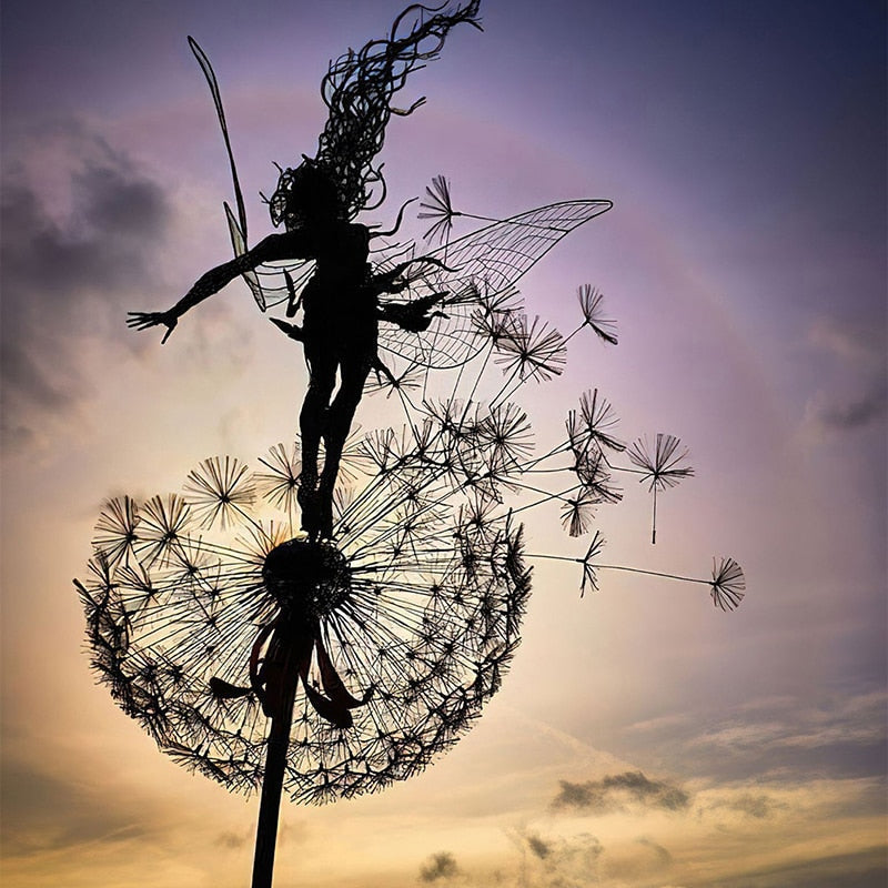 Fairy and Dandelion Garden Statue in Laser Cut Metal | Outdoor Lawn Stake Built to Stay Out All Year | Seven Designs