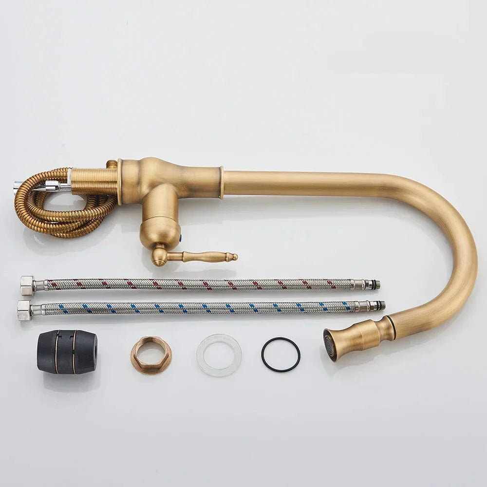Pull Out Mixer Tap with Swivel Spout and Spray Hose | Antique Brass or Matte Black | Kitchen Sink Accessories, Retro Shape